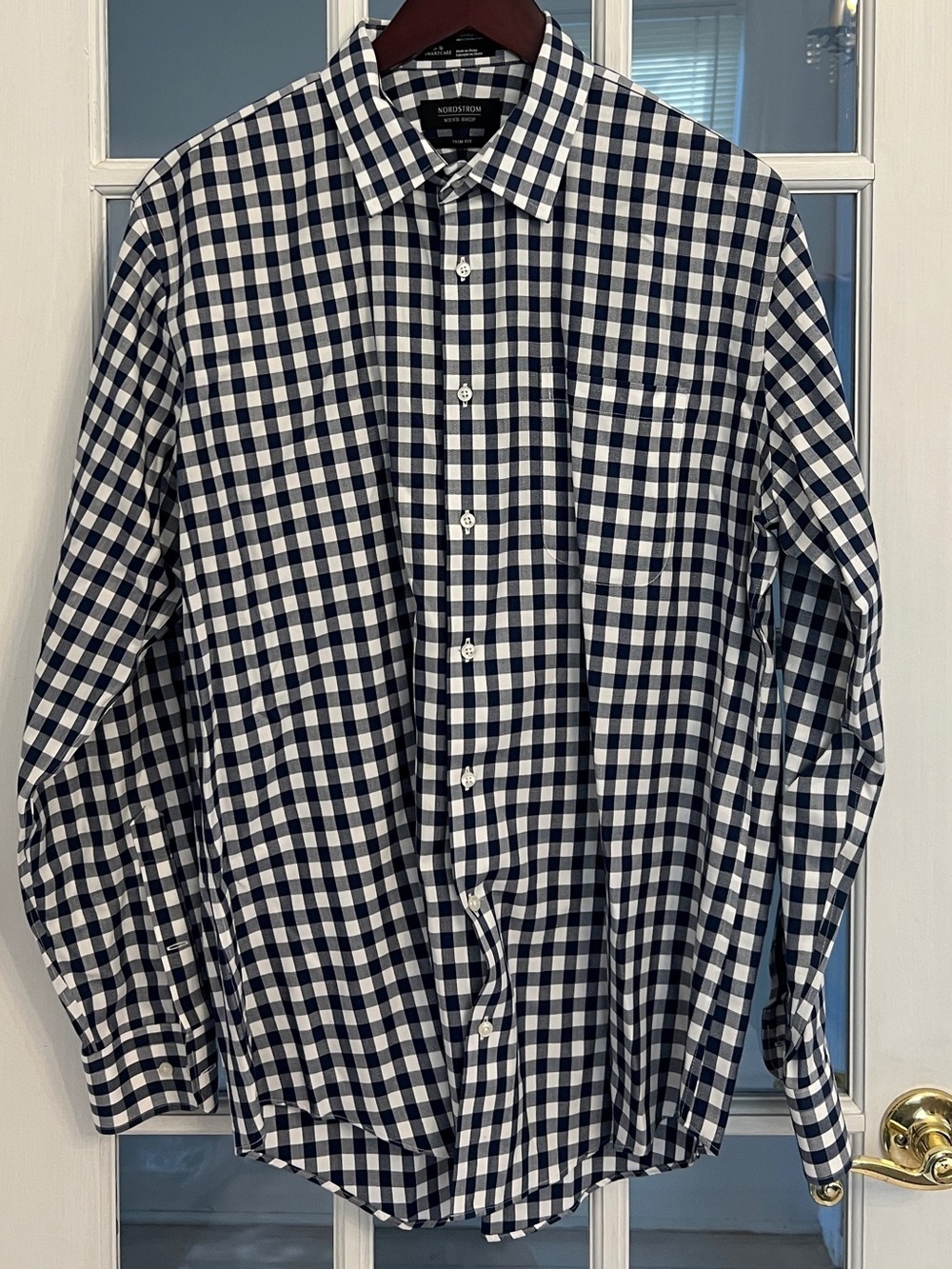 NORDSTROM Men’s Navy Blue & White Gingham Print Long Sleeve Button Down Shirt